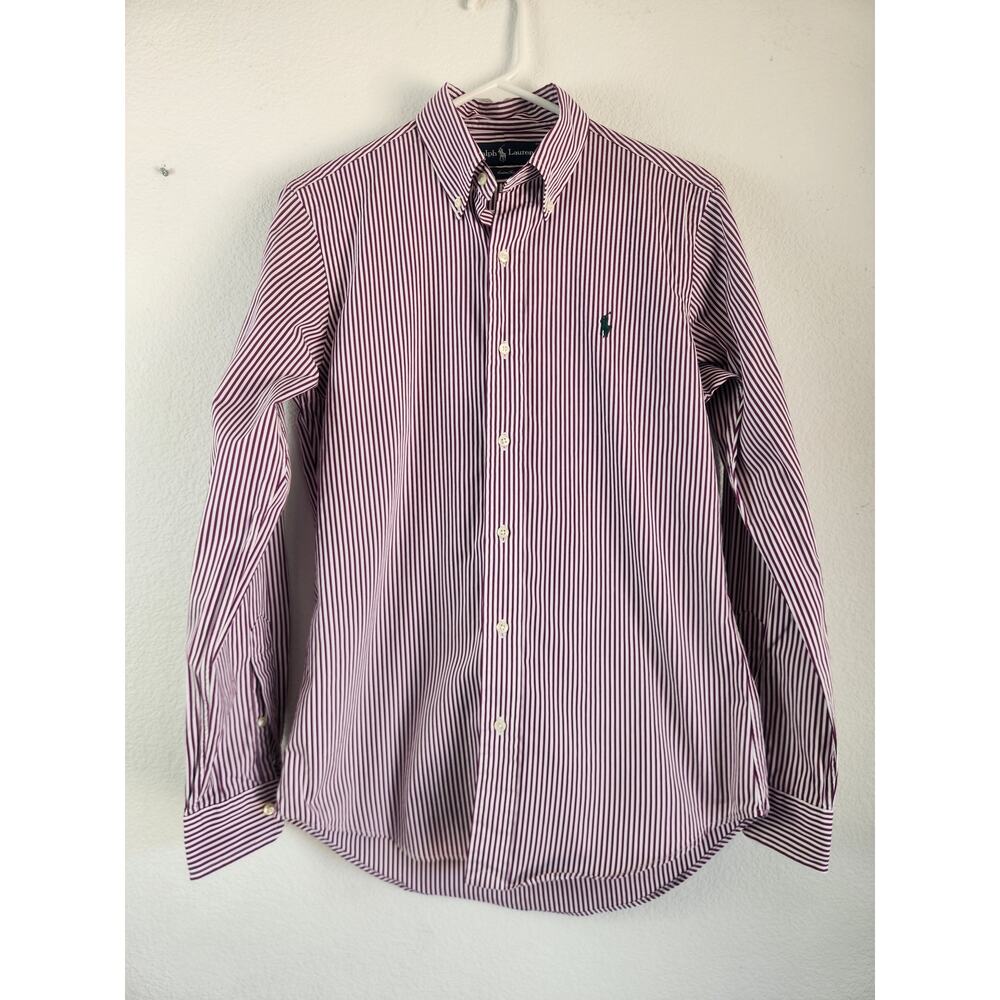 Vintage Ralph Lauren Button Down Shirt Burgundy Striped Men Small Custom Fit